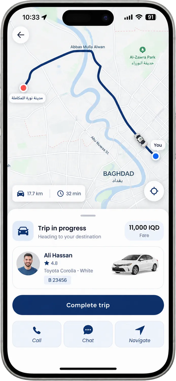 A trip in progress with the route drawn across Baghdad