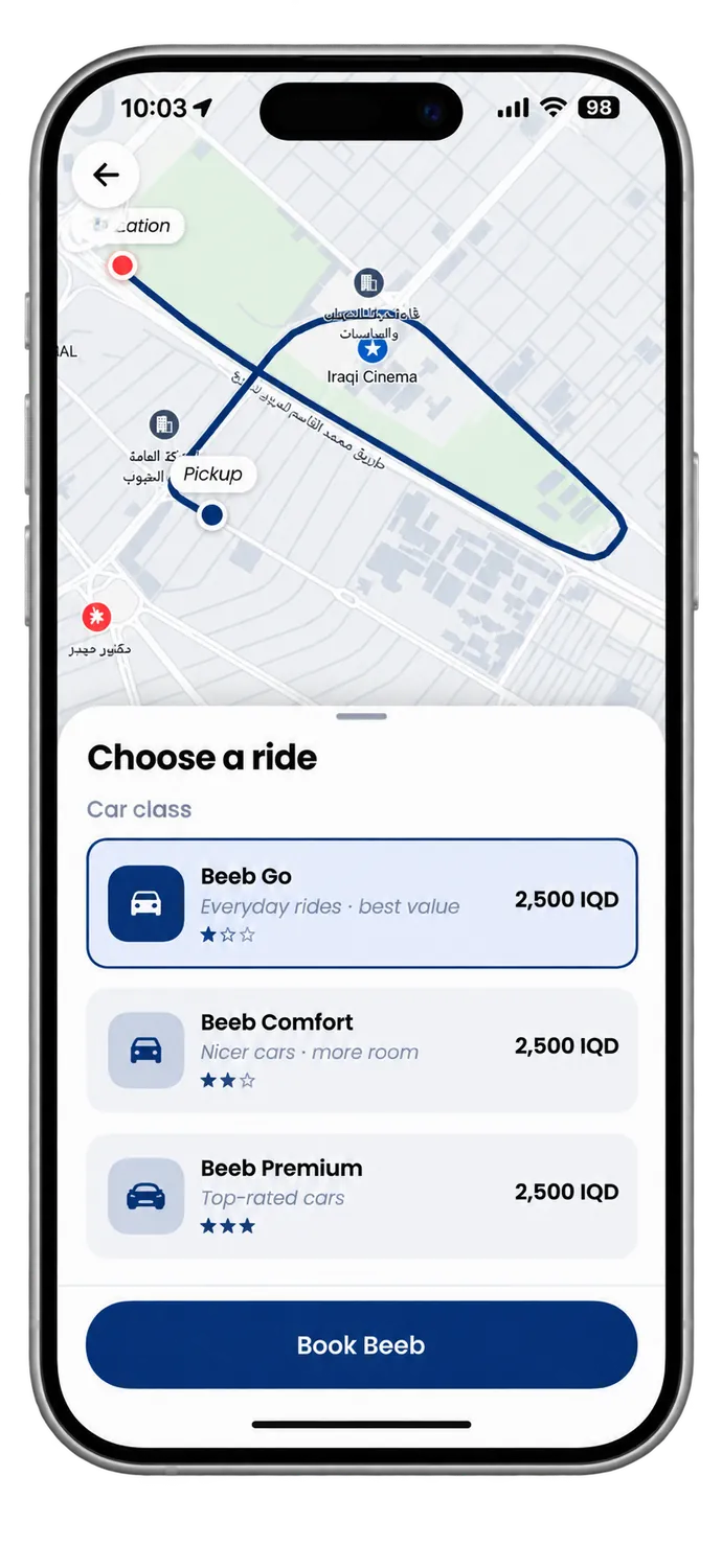 Beeb — choosing a car class with the route and fare on screen