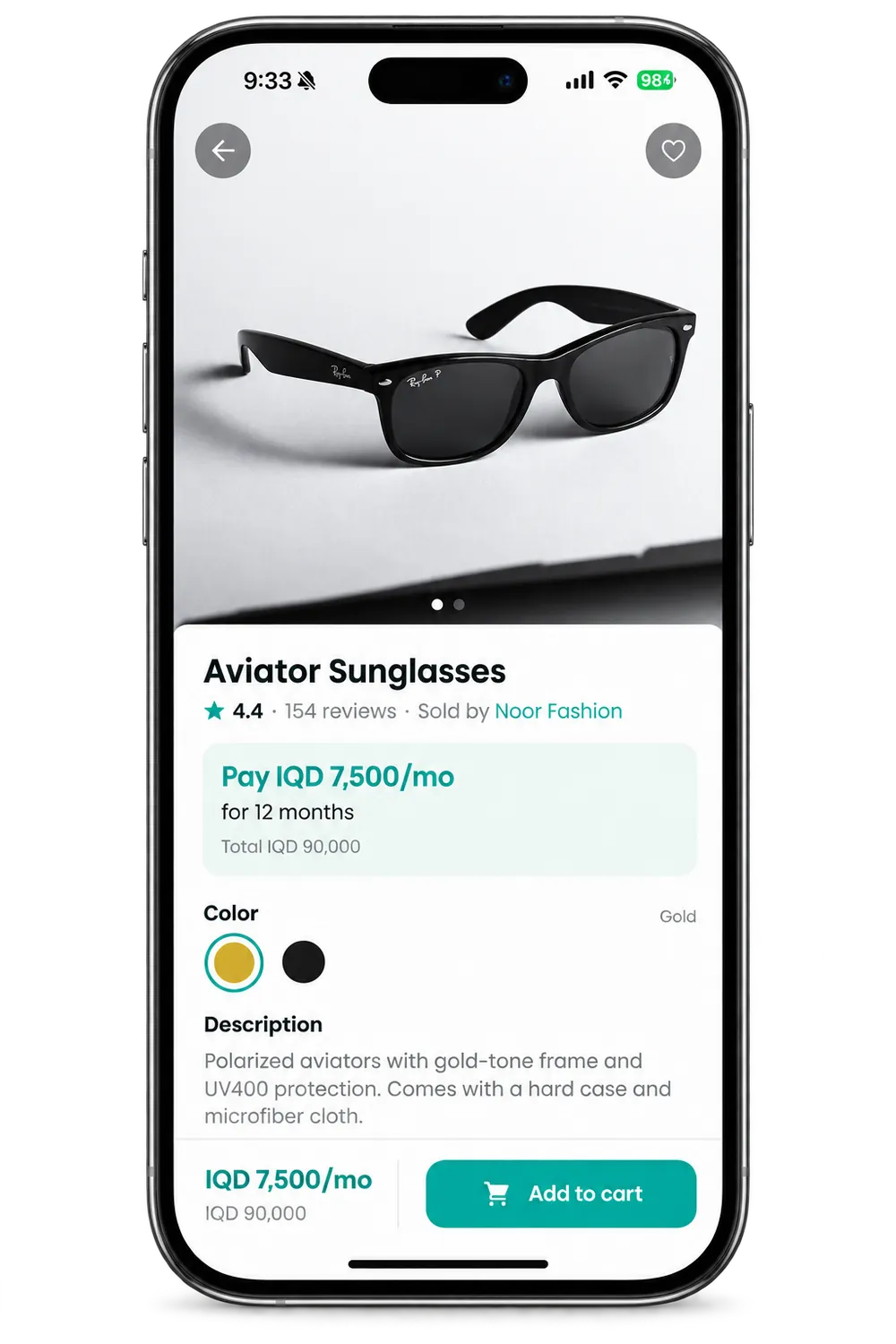 Product — pay IQD 7,500/mo, total IQD 90,000
