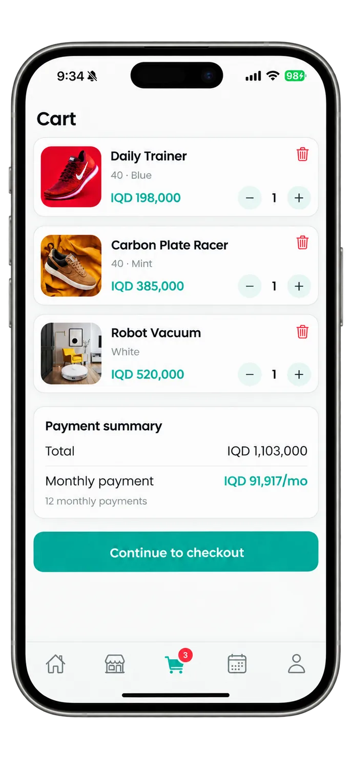 Cart — IQD 1,103,000, or IQD 91,917/mo