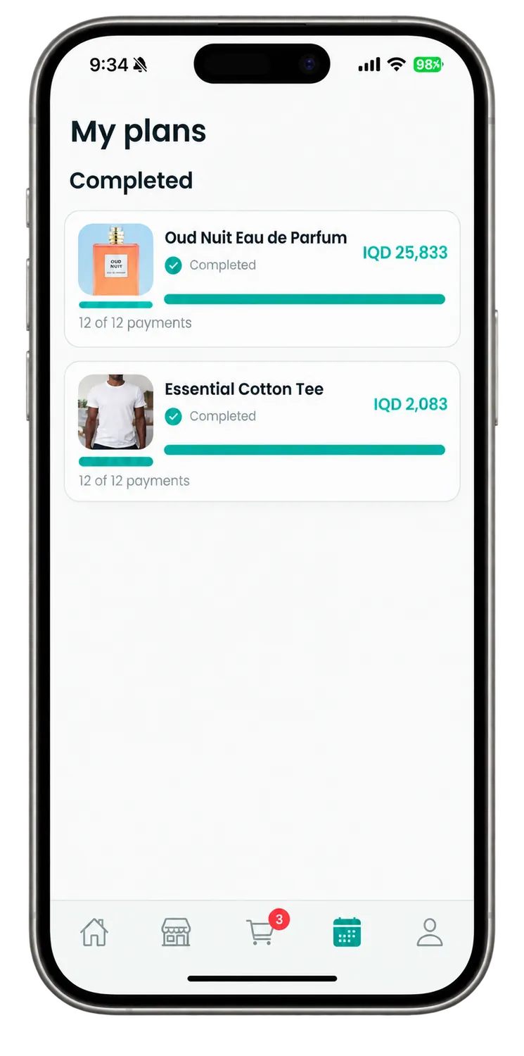 The Plans tab showing two completed twelve-payment plans