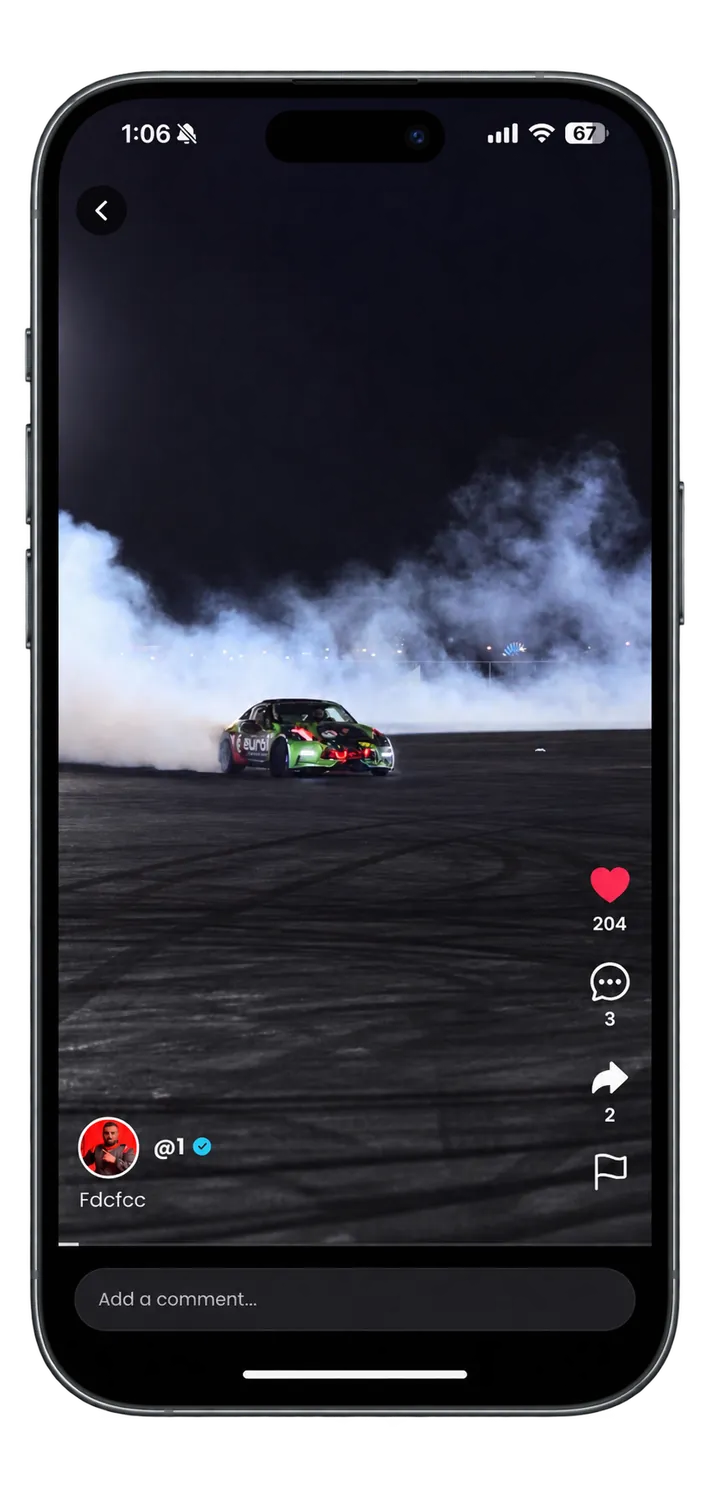 TAN — the reels player, a drift clip with likes, comments and shares
